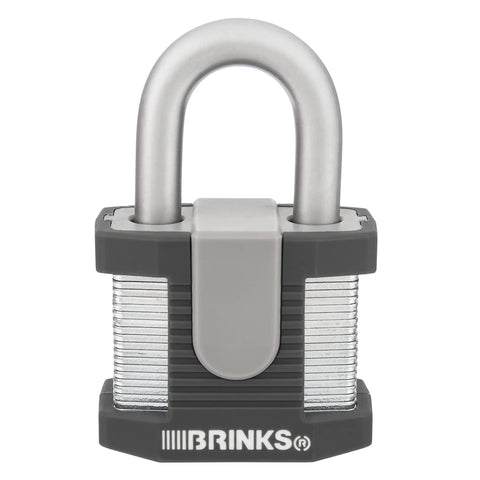 Front view of a 50mm laminated padlock with Boron steel shackle and solid steel body, part of a six pack, with weatherproof TPE cover.