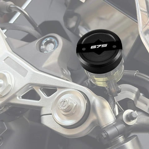 675 Series Motorcycle Brake Fluid Reservoir Cap And Front Master Cylinder Cover Anti Leak CNC Aluminum Black Finish Fits 675SS 675SR-R 675SR 675SRR 675NK on a motorcycle handlebar