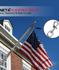 Heavy Duty Marine Grade 316 Stainless Steel Bolt Snap Hooks Smooth Swivel Base Tough As Nails For Diving Boating And Fishing Corrosion Proof 2 Pack 3 Inch Connectors on flagpole with American flag.