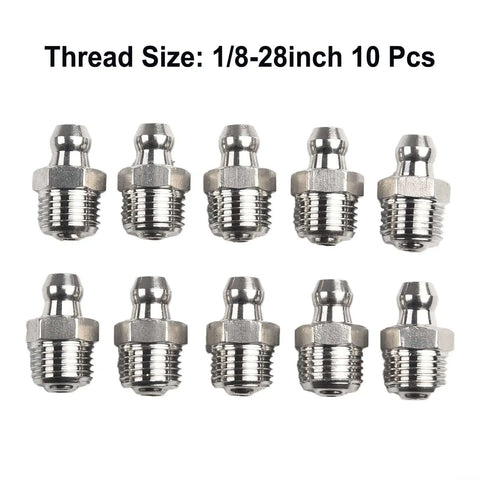 Top 10 Piece Stainless Steel Grease Fitting Kit With Straight Design 201 Metal 18-28 Thread Rust Proof Oil Nipples For Car Machinery And Hardened Bearings Maintenance Work, 1/8-28 thread, 10 pcs