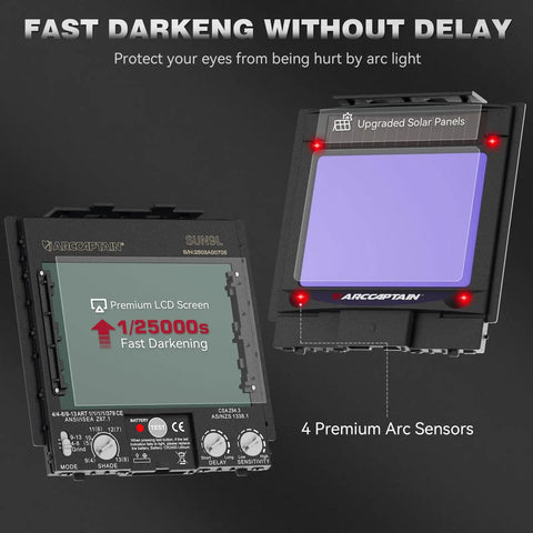 Internal Control Auto Darkening Welding Helmet with True Color Solar Powered Hood, Four Arc Sensors Wide Shade Range display