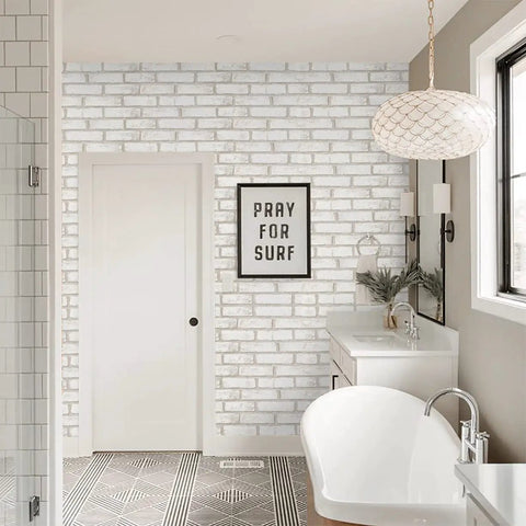Bathroom with Peel And Stick Faux Brick Wallpaper Self Adhesive White And Beige Roll 17.7 By 472.4 Inches Removable Wall Covering