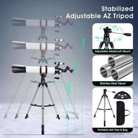 High Powered 90mm Aperture 800mm Refractor Telescope For Astronomy Beginners And Adults with stabilizable AZ tripod and bag