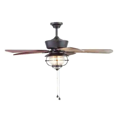 Merrimack II 52 Inch Matte Bronze LED Indoor And Outdoor Ceiling Fan With Light Kit Five Blade Seeded Glass Shade
