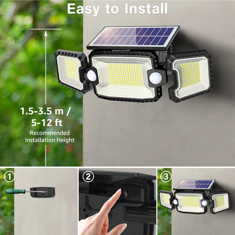 Three Head Solar Outdoor Flood Lights With Dual Motion Sensors Bangin 180 Degree Coverage Up To 40 Feet IP65 Waterproof Security Lighting For Yard Garden Patio Solar Powered 1 Pack shown on a wall installation