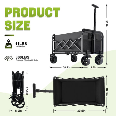 All Terrain Folding Wagon Cart With Wheels And Brakes Lightweight Portable Utility Wagon for groceries, garden, camping, black, size details.