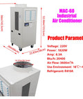 Heavy Duty 220 Volt Industrial Portable Air Conditioner Packing Serious Cooling Power On Smooth Caster Wheels And 14 Liter Tank, top view with fan.