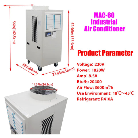 Heavy Duty 220 Volt Industrial Portable Air Conditioner Packing Serious Cooling Power On Smooth Caster Wheels And 14 Liter Tank, top view with fan.