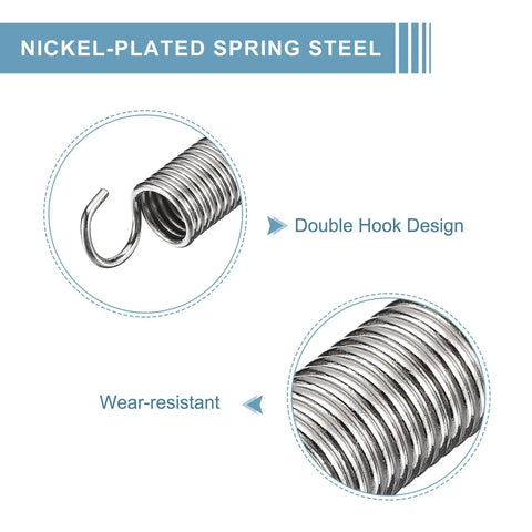 uxcell nickel-plated spring steel tension spring with dual hooks, 3/8 in x 6-1/2 in, 0.047 in thick.