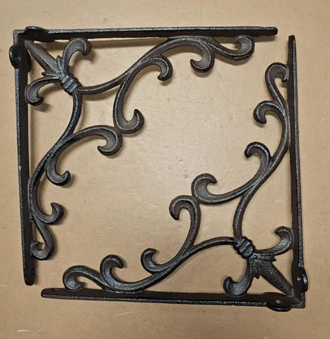 Heavy Duty Cast Iron Shelf Bracket Set With Ornate Fleur De Lis Pattern 10 By 10 Inch Shelf Supports, decorative metal in satin brown