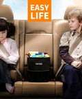 Collapsible Car Trash Bag With Adjustable Headrest Strap, Leakproof Two Gallon Vehicle Organizer in backseat between kids.