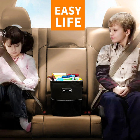 Collapsible Car Trash Bag With Adjustable Headrest Strap, Leakproof Two Gallon Vehicle Organizer in backseat between kids.