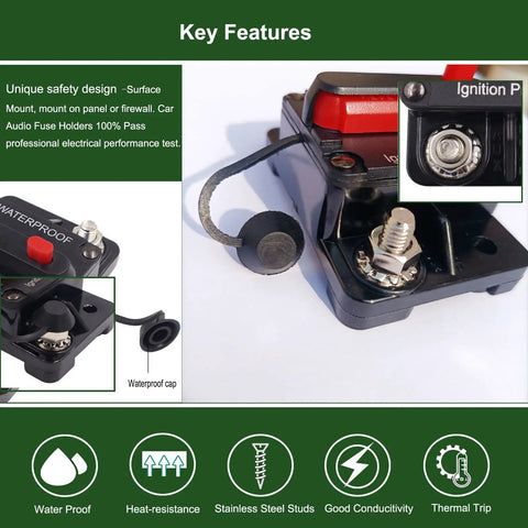 Badass 50 Amp Circuit Breaker Featuring Manual Reset And Waterproof Inline Design For Marine Trolling Motors, showcasing key features like waterproof cap.