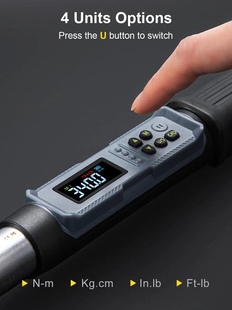 Close-up of the digital readout on Upgraded Digital Torque Wrench With Half Inch Drive For Auto Repair, showing unit options.