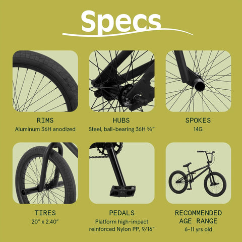 Specs of Dope Youth Freestyle BMX Bike With Pro Grade CrMo Cranks, 20 Inch Wheels, Removable Pegs And U Brake on display