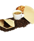 Natural Unbleached Cone Coffee Filters 300 Count For 12 Cup Coffeemakers, displayed with coffee beans and a brewed cup