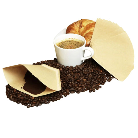Natural Unbleached Cone Coffee Filters 300 Count For 12 Cup Coffeemakers, displayed with coffee beans and a brewed cup