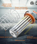 Detailed view of Beefy 150W LED Temporary Work Light IP64 Portable, showing aluminum radiator and protective cage, for job site use.