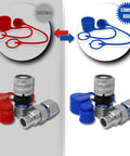 Front view of hydraulic quick-connect coupler set with red and blue dust caps; 1/2" body, 3/4" SAE O-ring boss, ISO 16028.
