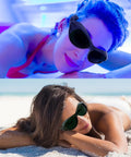 Pro Grade LED Red And Blue Light Therapy Glasses Featuring Heavy Duty Side Shields And Broad 200nm To 2000nm Coverage For IPL Treatments And UV400 Salon Protection, worn at a tanning salon and beach.