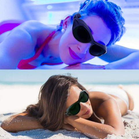 Pro Grade LED Red And Blue Light Therapy Glasses Featuring Heavy Duty Side Shields And Broad 200nm To 2000nm Coverage For IPL Treatments And UV400 Salon Protection, worn at a tanning salon and beach.