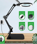 Real Glass Magnifying Desk Lamp with 3 in 1 LED Lighting, Clip On Base Clamp and Floor Stand, USB charging options shown