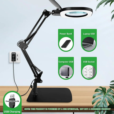 Real Glass Magnifying Desk Lamp with 3 in 1 LED Lighting, Clip On Base Clamp and Floor Stand, USB charging options shown