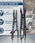 Ford Super Duty Spindle Snap Ring Pliers 2007 And Newer with heat-treated tips, shown next to a heavy-duty truck.