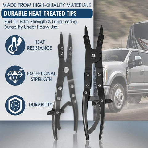 Ford Super Duty Spindle Snap Ring Pliers 2007 And Newer with heat-treated tips, shown next to a heavy-duty truck.