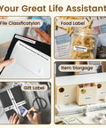 Person using Bluetooth Mini Label Maker D30 Portable Thermal Printer With Rechargeable Battery 2026 Upgrade Version for organizing file, food, gift, items.