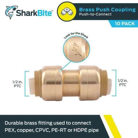 Half Inch Brass Push To Connect Coupling Ten Pack No Fuss Fit For PEX Copper CPVC PERT HDPE Plumbing Fittings Easy To Install In Tight Spaces Ideal For Quick Home Plumbing Repairs