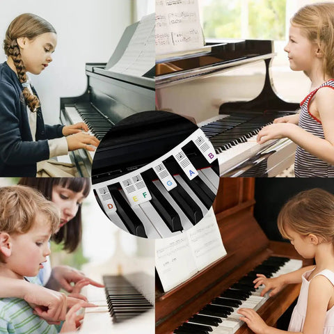 Children learning piano with Removable Piano Keyboard Note Labels For 88 Keys Beginners No Fuss Silicone Color Coded Note Guides