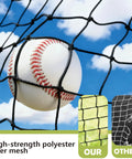 Backyard Baseball Batting Cage With 30ft By 12ft By 8ft Frame shown with a close-up of high-strength polyester fiber mesh catching a baseball.