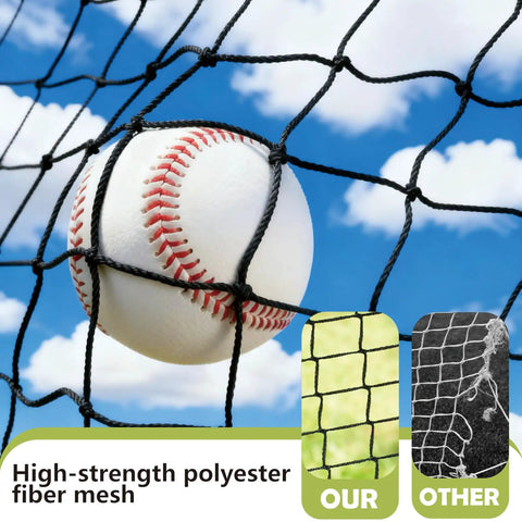 Backyard Baseball Batting Cage With 30ft By 12ft By 8ft Frame shown with a close-up of high-strength polyester fiber mesh catching a baseball.