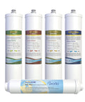 Replacement 5 Stage Under Sink Reverse Osmosis Filter Set For Puroflo 550 Quick Change System With 50 GPD Membrane Yearly Replacement Kit For Clean Water At Home Your Fam Will Appreciate, image of five cylindrical filters standing upright