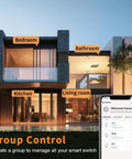 Modern house exterior with labeled rooms showing smart switch control. 4 Pack Smart WiFi Light Switch Two Gang With Remote Control And Scheduling Neutral Wire Required No Hub Needed Works With Google Home Easy Hands Free Lighting For Living Room Kitchen Bedroom displayed on phone screen.