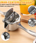 Nisuez Heavy Duty Manual Fruit Juicer Press For Lemons Limes Oranges with aluminum design, detailing press plate and multi-hole filtration.