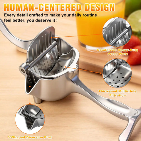 Nisuez Heavy Duty Manual Fruit Juicer Press For Lemons Limes Oranges with aluminum design, detailing press plate and multi-hole filtration.