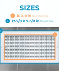 Image showing the Durable Aluminum 16x8 Duct Opening Wall Vent Cover With Adjustable Front Blades No Rust Premium Register Vent Overall Size 17 5 8 By 9 5 8 Inches Easy Fit For Home Air Vents with size dimensions.