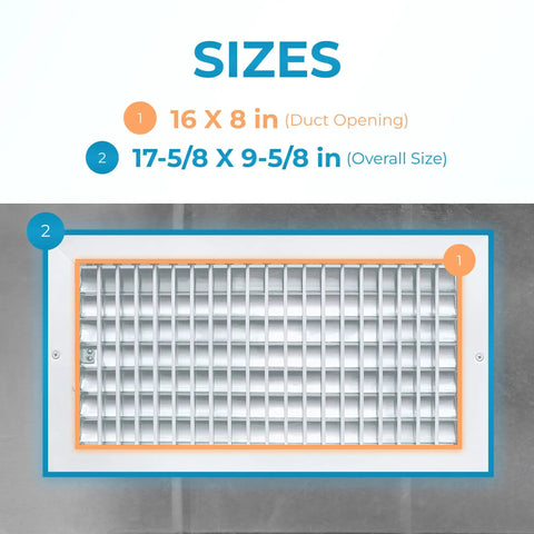 Image showing the Durable Aluminum 16x8 Duct Opening Wall Vent Cover With Adjustable Front Blades No Rust Premium Register Vent Overall Size 17 5 8 By 9 5 8 Inches Easy Fit For Home Air Vents with size dimensions.