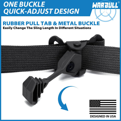 Close-up of rubber pull tab on two point rifle sling with quick detach swivels and HK hook soft shoulder pad tactical gun sling.