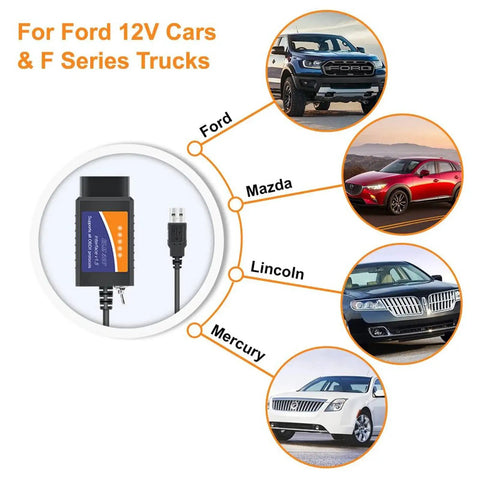 USB OBD2 Adapter With Forscan Support For Ford F150 F250 And More shown with compatible Ford, Mazda, Lincoln, and Mercury vehicles