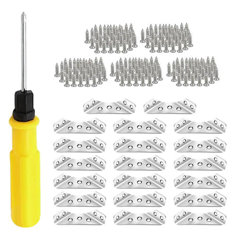 Sturdy Furniture Corner Connectors For Secure Wood Joints with screws and screwdriver, DIY Fasteners for cabinets and tables