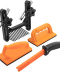 4 Piece Woodworking Safety Kit with magnetic push stick, straight and angled push blocks, and table saw feather board