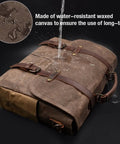 Top Tier Mens Messenger Bag Built Tough From Crazy Horse Leather And Hella Waterproof Waxed Canvas With Secure Compartments Fits 15.6 Inch Laptop For Daily Commute Work showing water-resistant features.