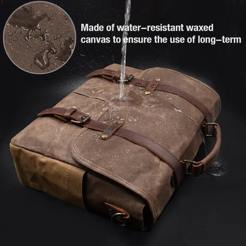 Top Tier Mens Messenger Bag Built Tough From Crazy Horse Leather And Hella Waterproof Waxed Canvas With Secure Compartments Fits 15.6 Inch Laptop For Daily Commute Work showing water-resistant features.