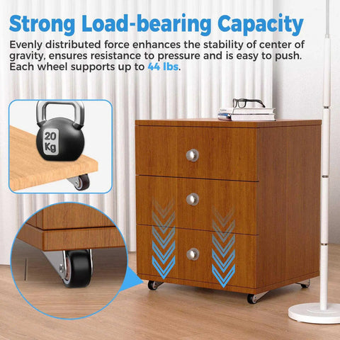 1 Inch Silent Rubber Fixed Caster Wheels Side Mount Non Swivel Castors For Wooden Furniture Cabinets Underbed Drawers And DIY Projects Easy Glide Durable Metal Frame With Screws Four Pack shown installed on a wooden cabinet, supporting 44 lbs.