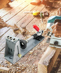 Pro Grade All Metal Pocket Hole Jig Kit For Woodworking, Heavy Duty And Pro Ready on a workbench with woods and tools visible