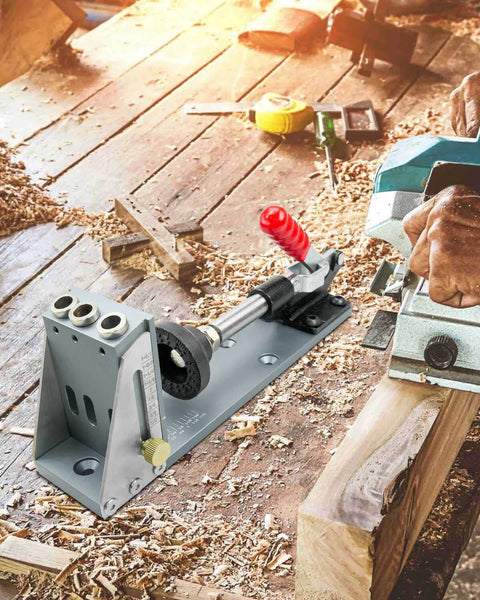 Pro Grade All Metal Pocket Hole Jig Kit For Woodworking, Heavy Duty And Pro Ready on a workbench with woods and tools visible