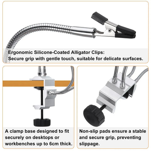 Third Hand Soldering Tool Clamp Stand with flexible gooseneck arms and rotatable alligator clips for desktop workbench setup